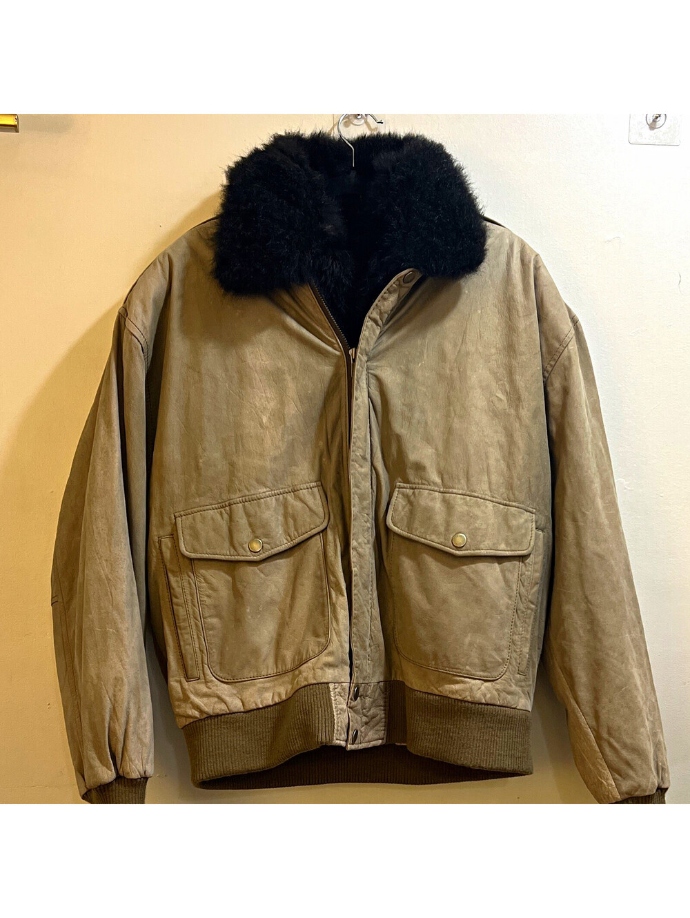 VNT Savage Men’s Genuine Leather Bomber Jacket Fur Lined Full Zip Beige/Black L